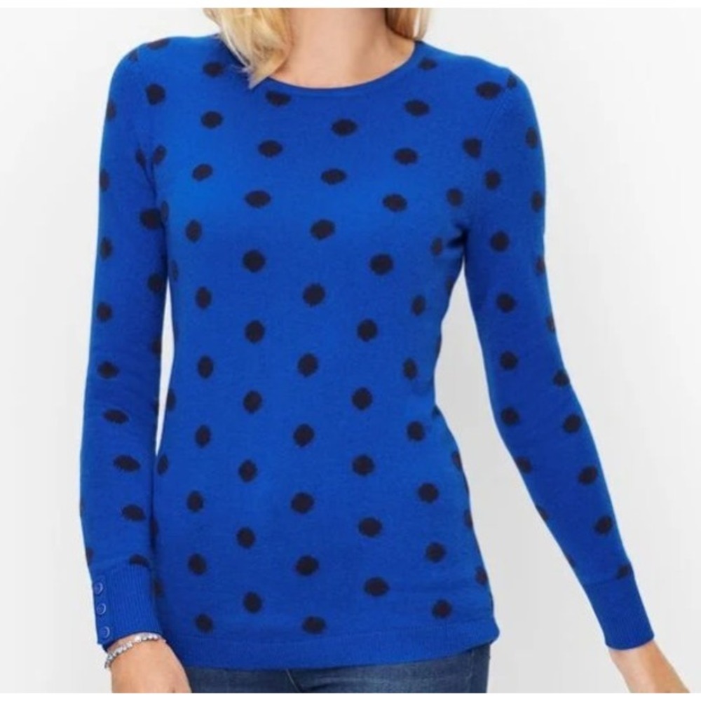 Classic Preppy Retro Talbots 100% Cashmere Sweater Blue/Black Dots Women's L